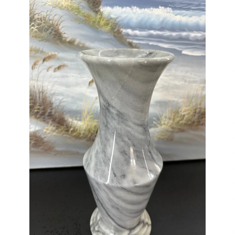 Gray White Marble Stone Vase Tapered Polished Decorative Bud Vase 8 Inch